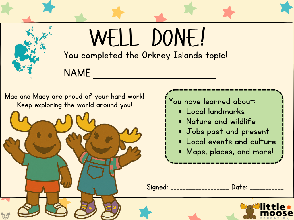 Completion certificate from My Area – Orkney Islands Social Studies pack, First Level