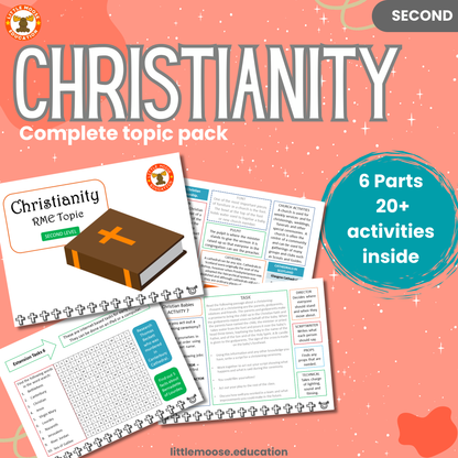 Christianity complete digital topic pack for RME at Second Level, Curriculum for Excellence religion education resource, with illustrated cover design and sample activity pages showing activities, stories, teacher’s notes, assessments, extension tasks, and outcomes.