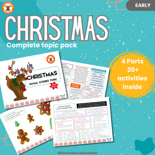 Christmas complete digital topic pack for Social Studies at Early Level, Curriculum for Excellence culture education resource, with illustrated cover design and sample activity pages showing sorting, drawing, matching, handwriting, teacher’s notes, assessment, and wordsearch.