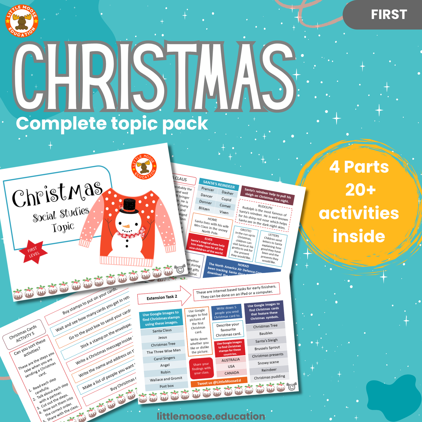 Christmas complete digital topic pack for Social Studies at First Level, Curriculum for Excellence, culture education resource, with illustrated cover design and sample activity pages showing activities, teacher’s notes, assessments, and extension tasks.