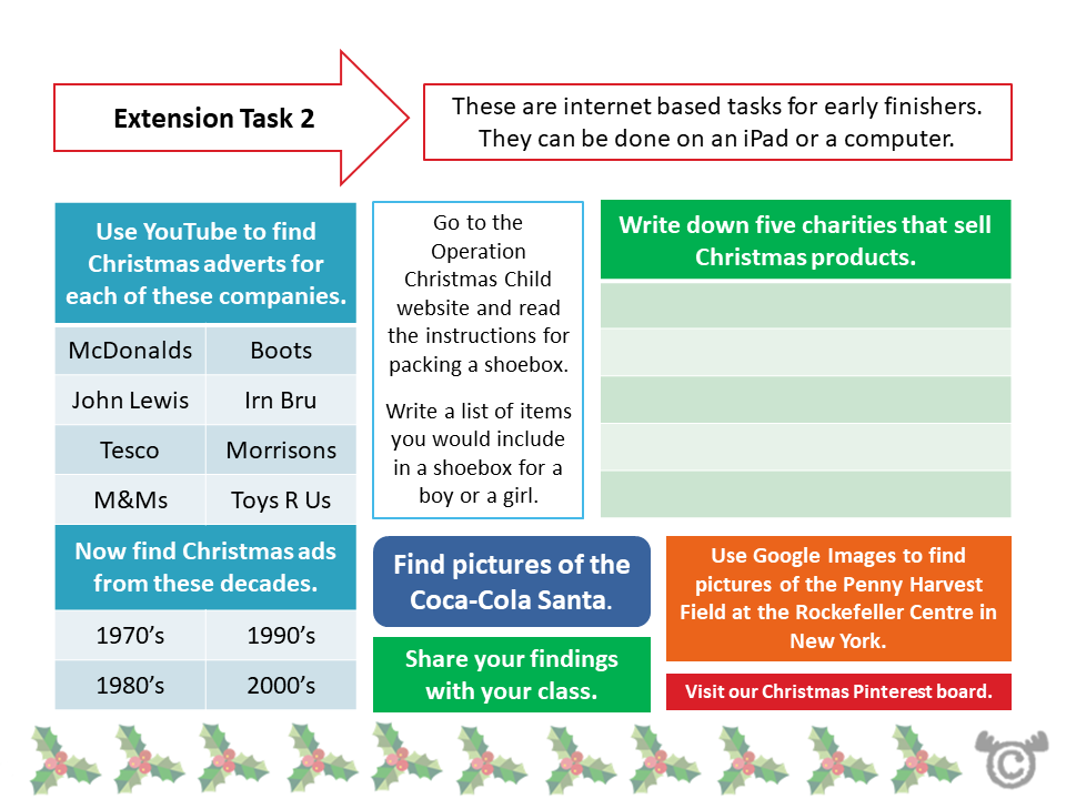 Extension tasks from Christmas Social Studies pack, Second Level