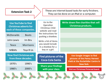 Extension tasks from Christmas Social Studies pack, Second Level