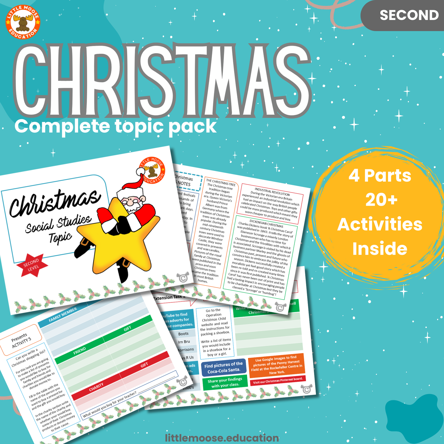 Christmas complete digital topic pack for Social Studies at Second Level, Curriculum for Excellence culture and society education resource, with illustrated cover design and sample activity pages showing activities, teacher’s notes, assessments, and extension tasks.