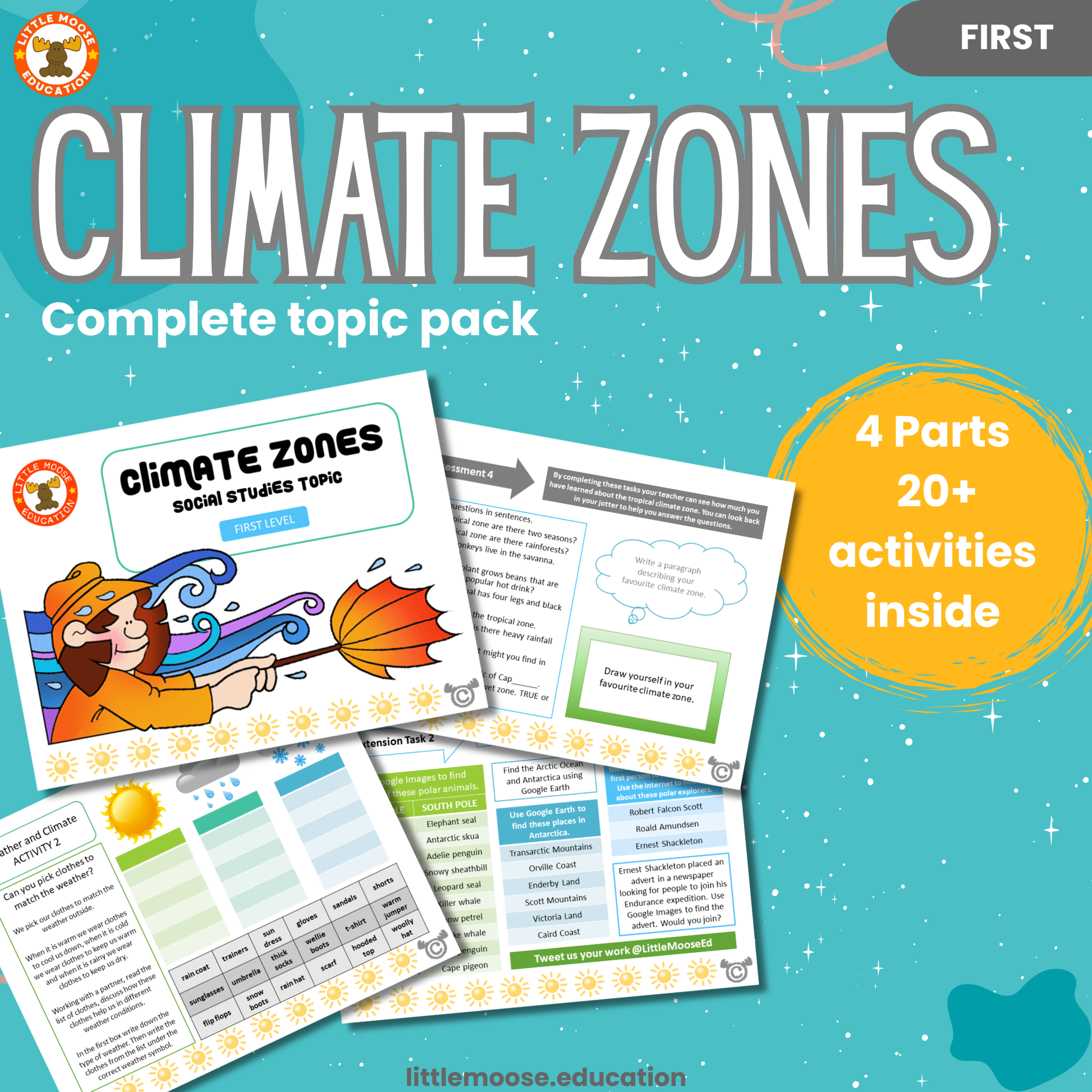 Climate Zones complete digital topic pack for Social Studies at First Level, Curriculum for Excellence geography education resource, with illustrated cover design and sample activity pages showing activities, teacher’s notes, assessments, and extension tasks.