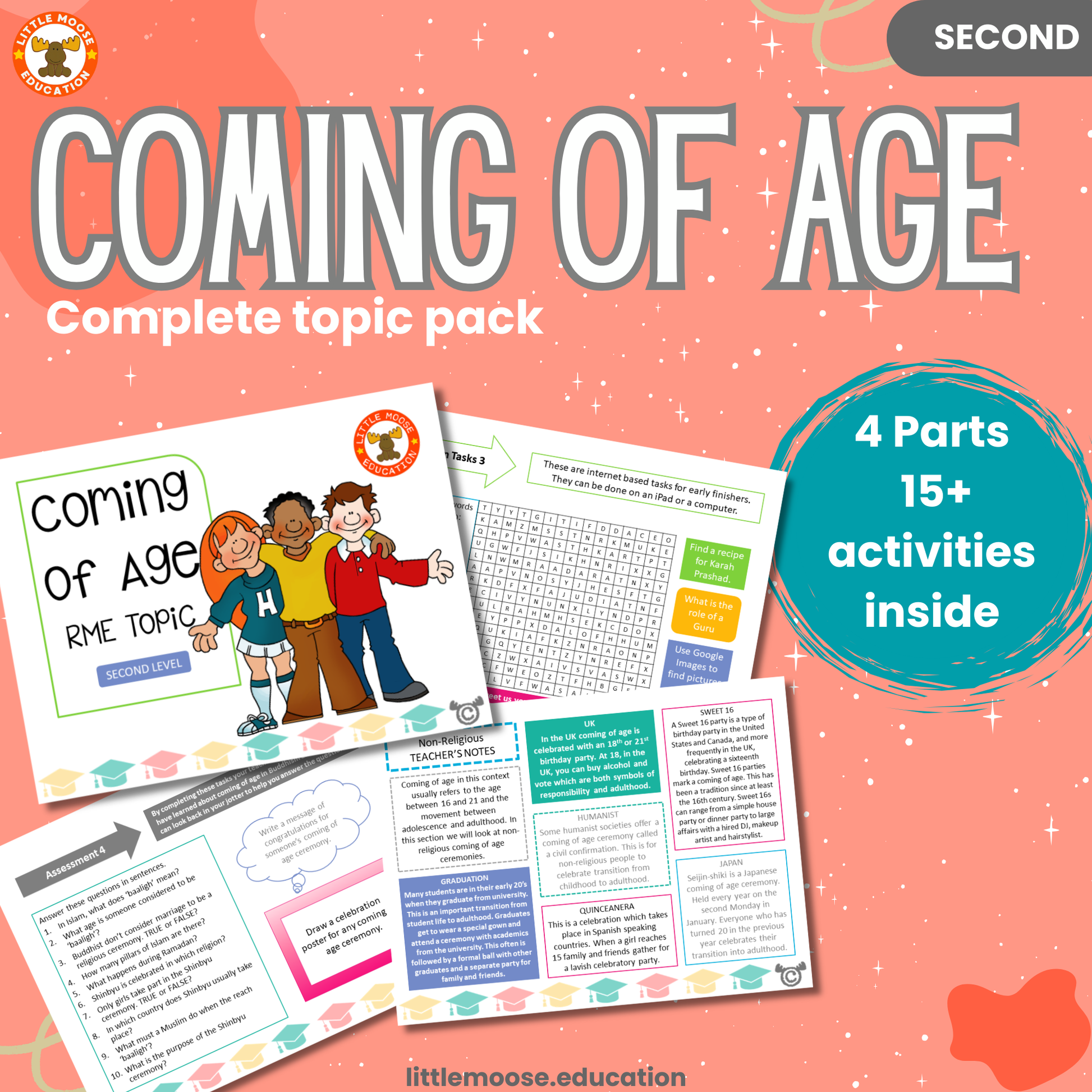 Coming of Age complete digital topic pack for RME at Second Level, Curriculum for Excellence religion education resource, with illustrated cover design and sample activity pages showing activities, stories, teacher’s notes, assessments, extension tasks, and outcomes.