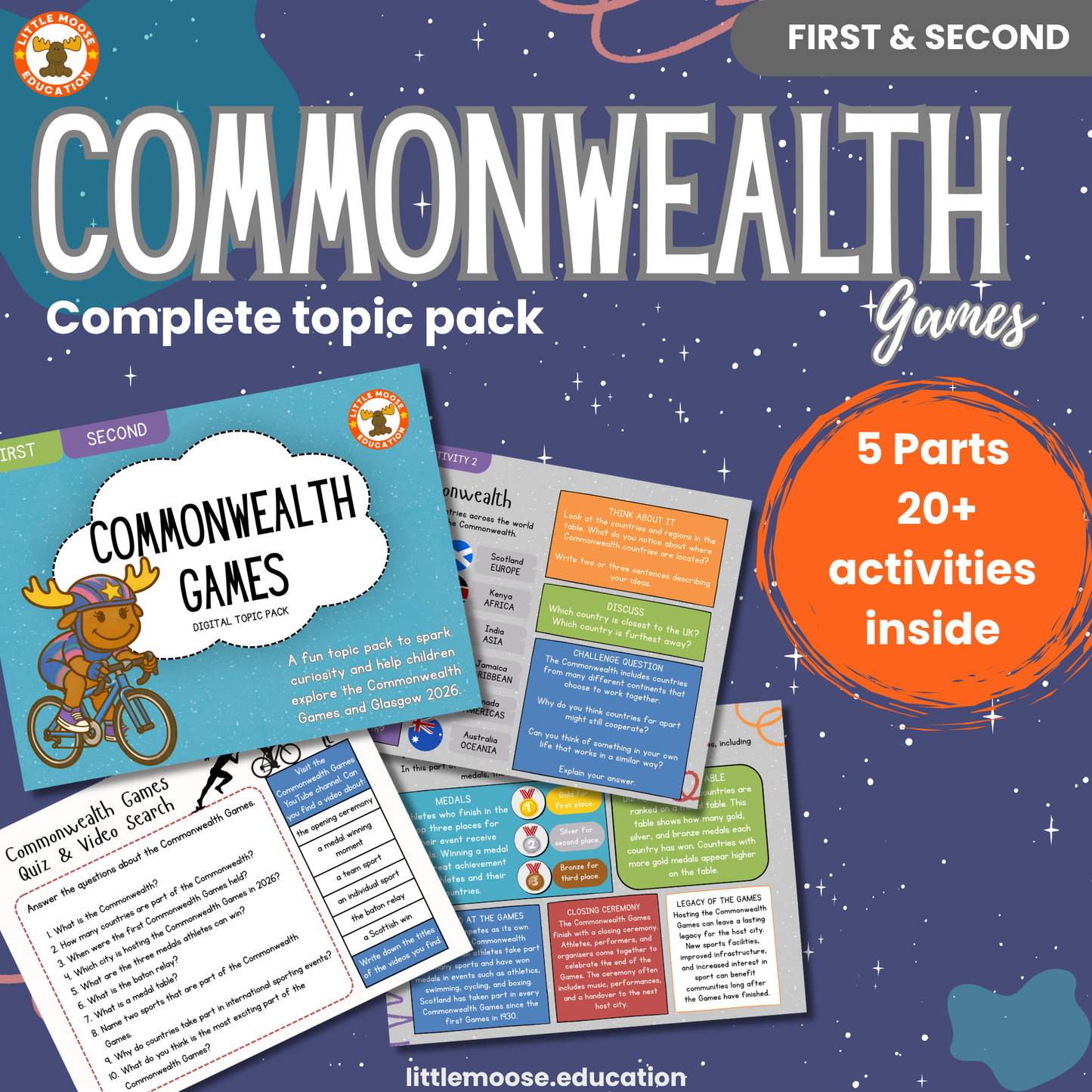 Commonwealth Games complete digital topic pack for Social Studies at Second Level, Curriculum for Excellence environment education resource, with illustrated cover design and sample activity pages showing activities, teacher’s notes, assessments, and extension tasks.