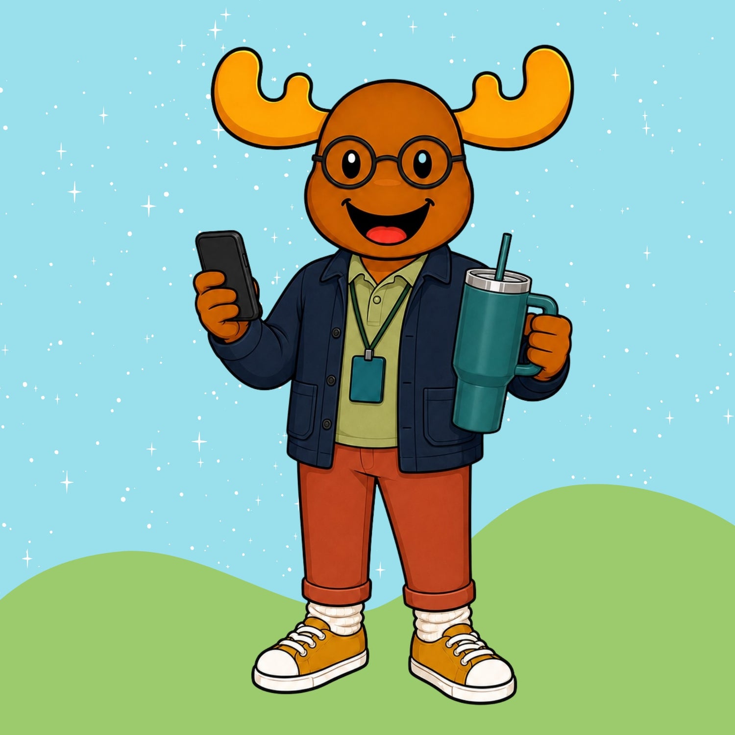 A cartoon moose character with glasses, a navy jacket, olive green shirt, rust-orange pants, and yellow sneakers stands against a light blue starry sky background, holding a black smartphone and a teal insulated tumbler with a straw.