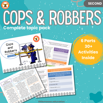 Cops and Robbers complete digital topic pack for Social Studies at Second Level, Curriculum for Excellence society and history education resource, with illustrated cover design and sample activity pages showing activities, teacher’s notes, assessments, and extension tasks.