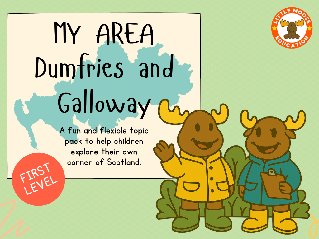 My Area – Dumfries and Galloway digital topic pack front cover, Social Studies First Level, Curriculum for Excellence