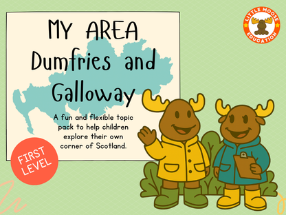 My Area – Dumfries and Galloway digital topic pack front cover, Social Studies First Level, Curriculum for Excellence
