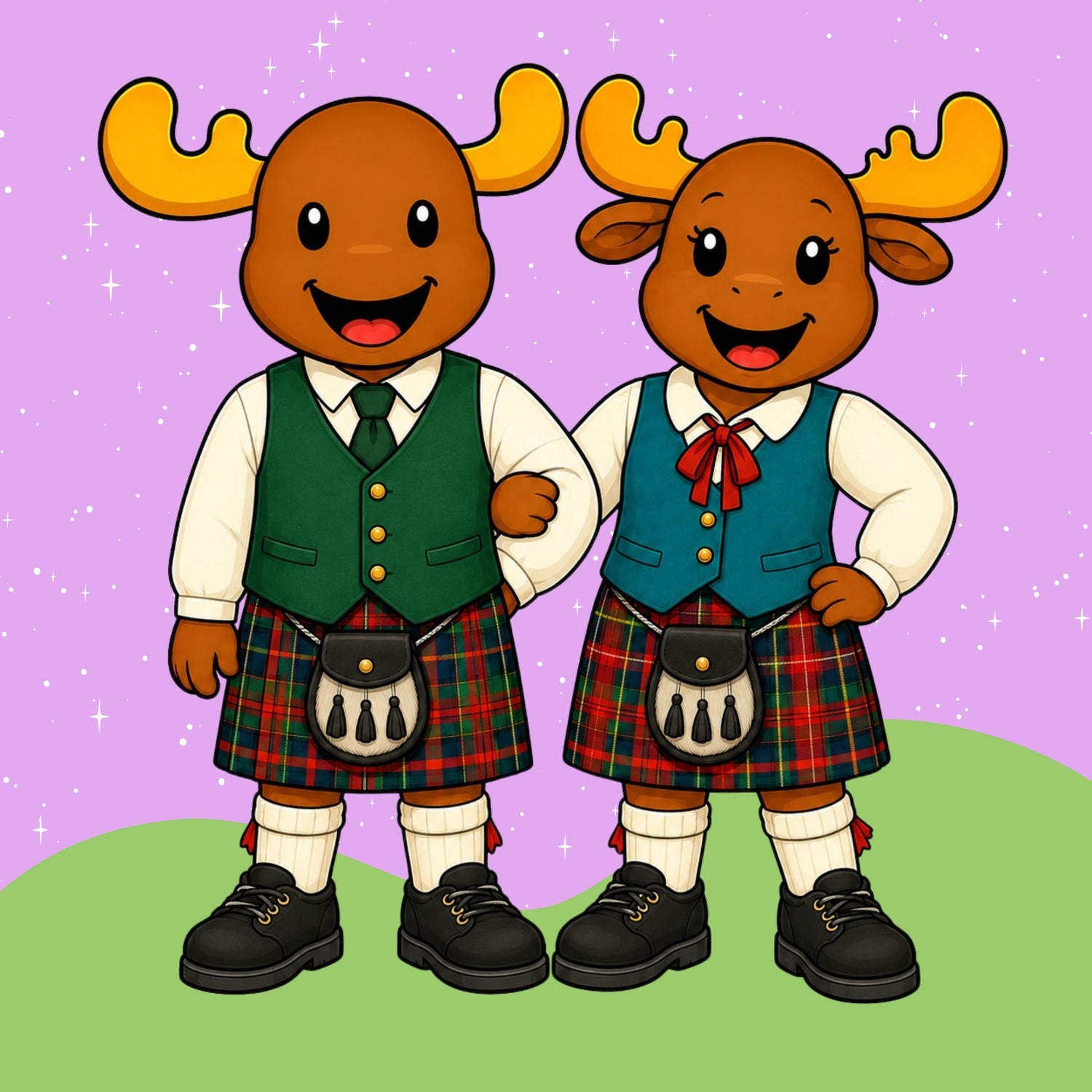 Mac and Macy exploring Scottish culture in traditional Scottish outfits