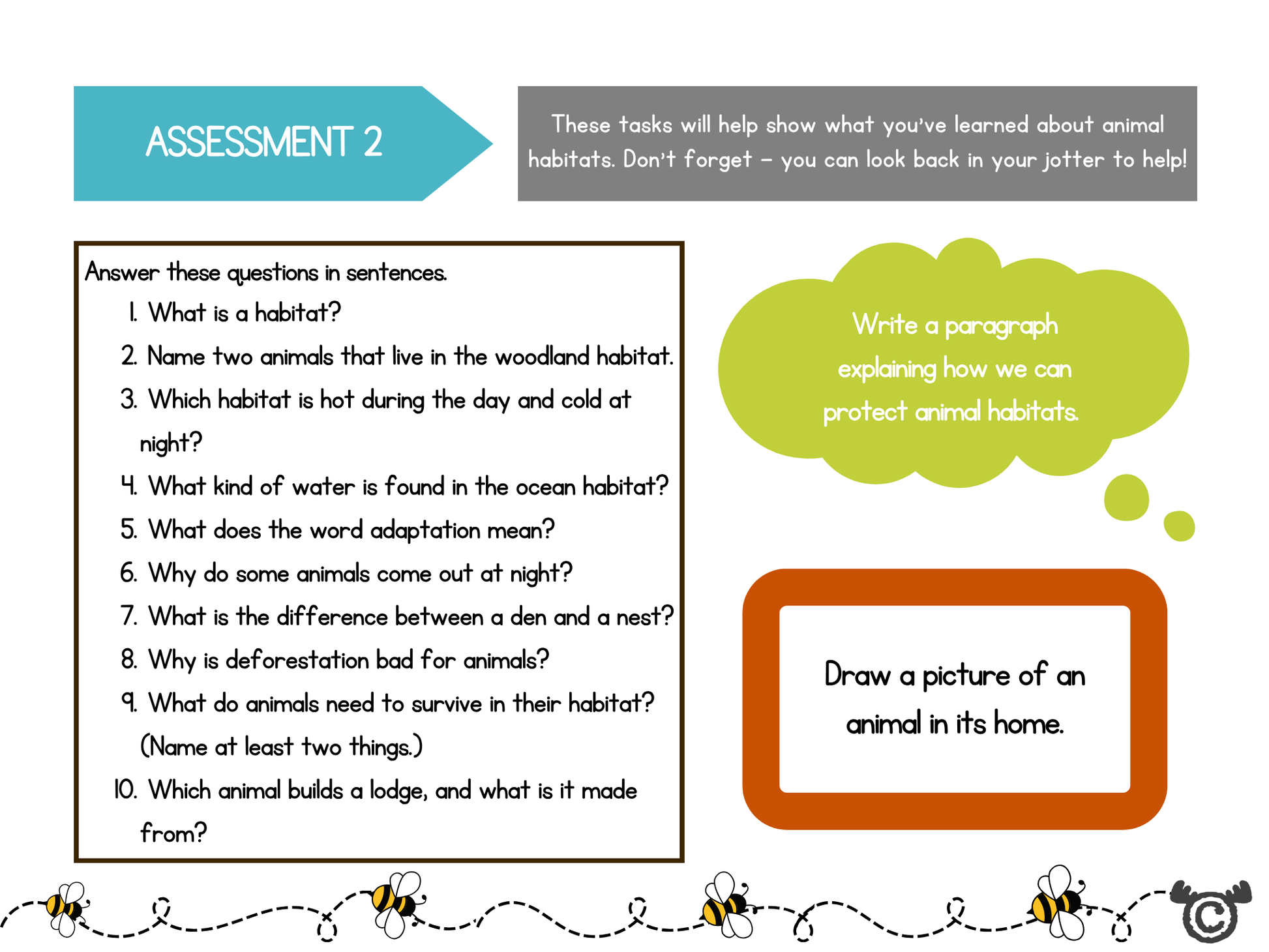 Assessment task from Discovering Animals Science pack, First Level