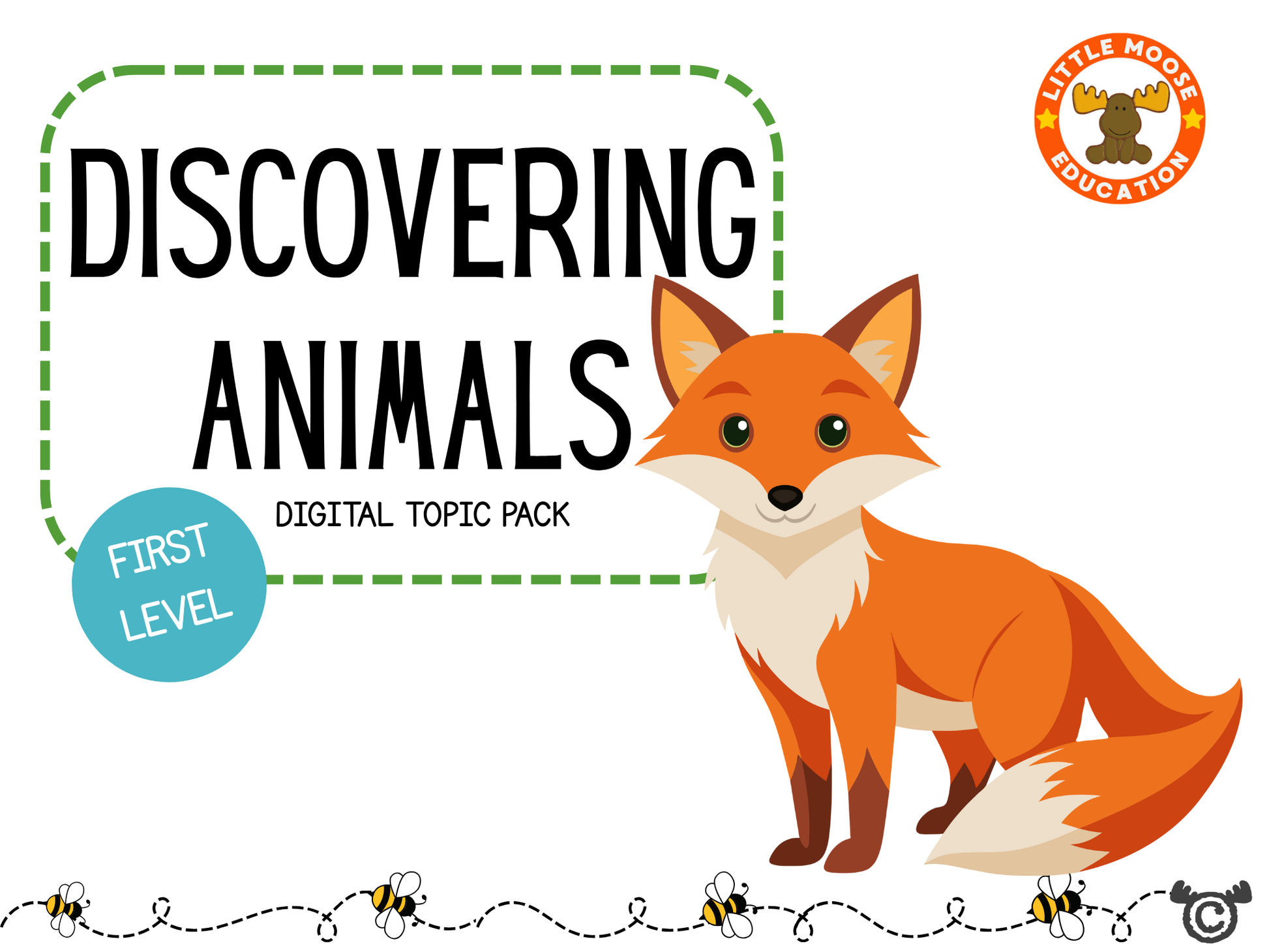 Front cover of Discovering Animals digital topic pack, colourful design showing animals, Curriculum for Excellence first level Science resource