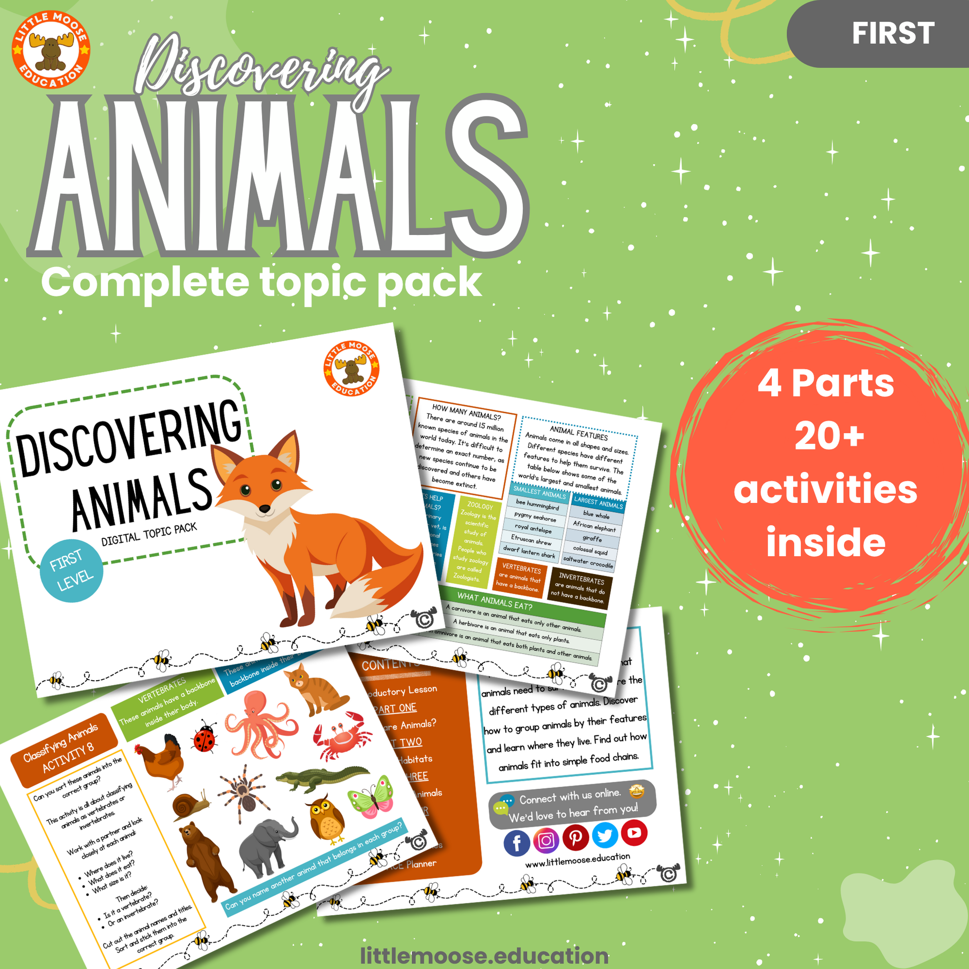 Discovering Animals complete digital topic pack for Science at First Level, Curriculum for Excellence biology and STEM education resource, with illustrated cover design and sample activity pages showing experiments, activities, teacher’s notes, assessments, extension tasks, and outcomes.