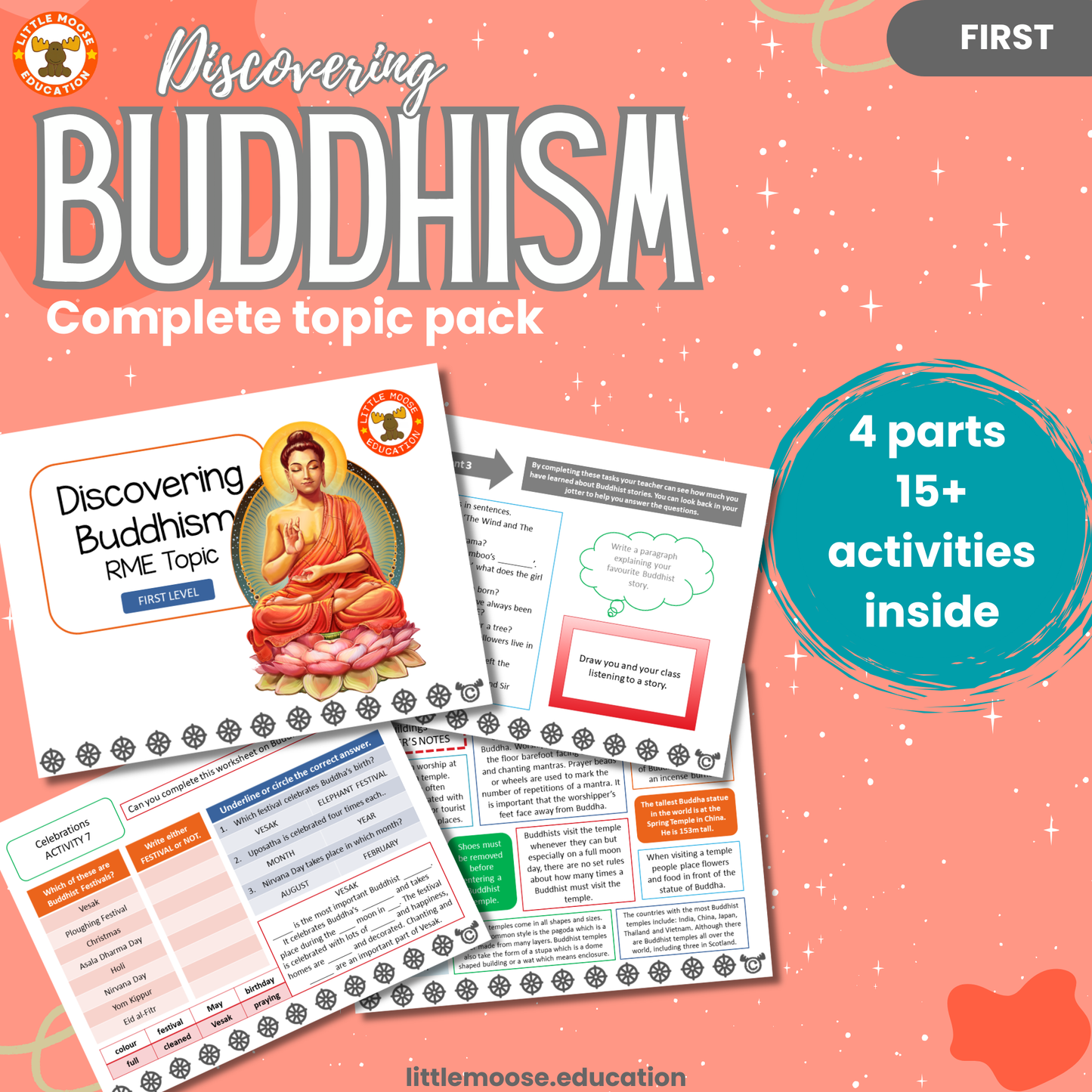 Discovering Buddhism complete digital topic pack for RME at First Level, Curriculum for Excellence religion education resource, with illustrated cover design and sample activity pages showing activities, stories, teacher’s notes, assessments, extension tasks, and outcomes.