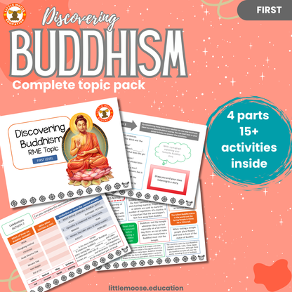 Discovering Buddhism complete digital topic pack for RME at First Level, Curriculum for Excellence religion education resource, with illustrated cover design and sample activity pages showing activities, stories, teacher’s notes, assessments, extension tasks, and outcomes.