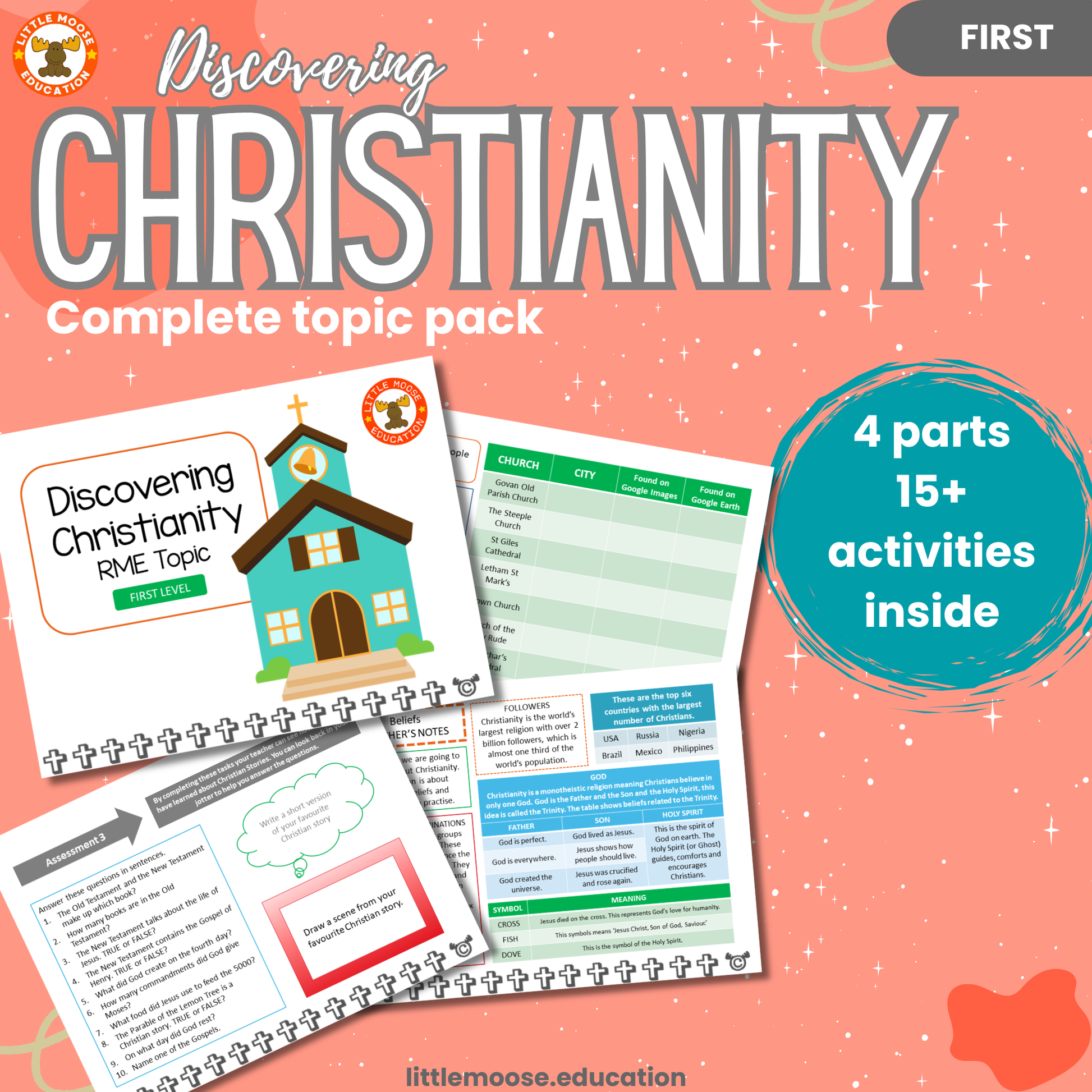 Discovering Christianity complete digital topic pack for RME at First Level, Curriculum for Excellence religion education resource, with illustrated cover design and sample activity pages showing activities, stories, teacher’s notes, assessments, extension tasks, and outcomes.