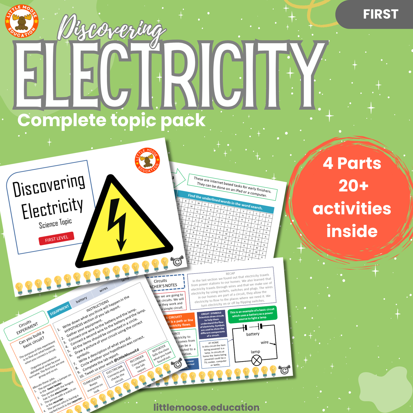 Discovering Electricity complete digital topic pack for Science at First Level, Curriculum for Excellence physics and STEM education resource,with illustrated cover design and sample activity pages showing experiments, activities, teacher’s notes, assessments, extension tasks, and outcomes.