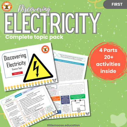 Discovering Electricity complete digital topic pack for Science at First Level, Curriculum for Excellence physics and STEM education resource,with illustrated cover design and sample activity pages showing experiments, activities, teacher’s notes, assessments, extension tasks, and outcomes.