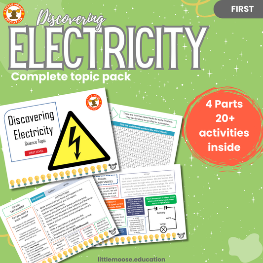 Discovering Electricity complete digital topic pack for Science at First Level, Curriculum for Excellence physics and STEM education resource,with illustrated cover design and sample activity pages showing experiments, activities, teacher’s notes, assessments, extension tasks, and outcomes.