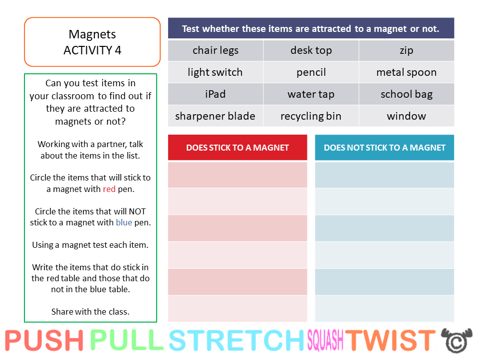 Magnet testing activity from Discovering Forces Science pack, First Level