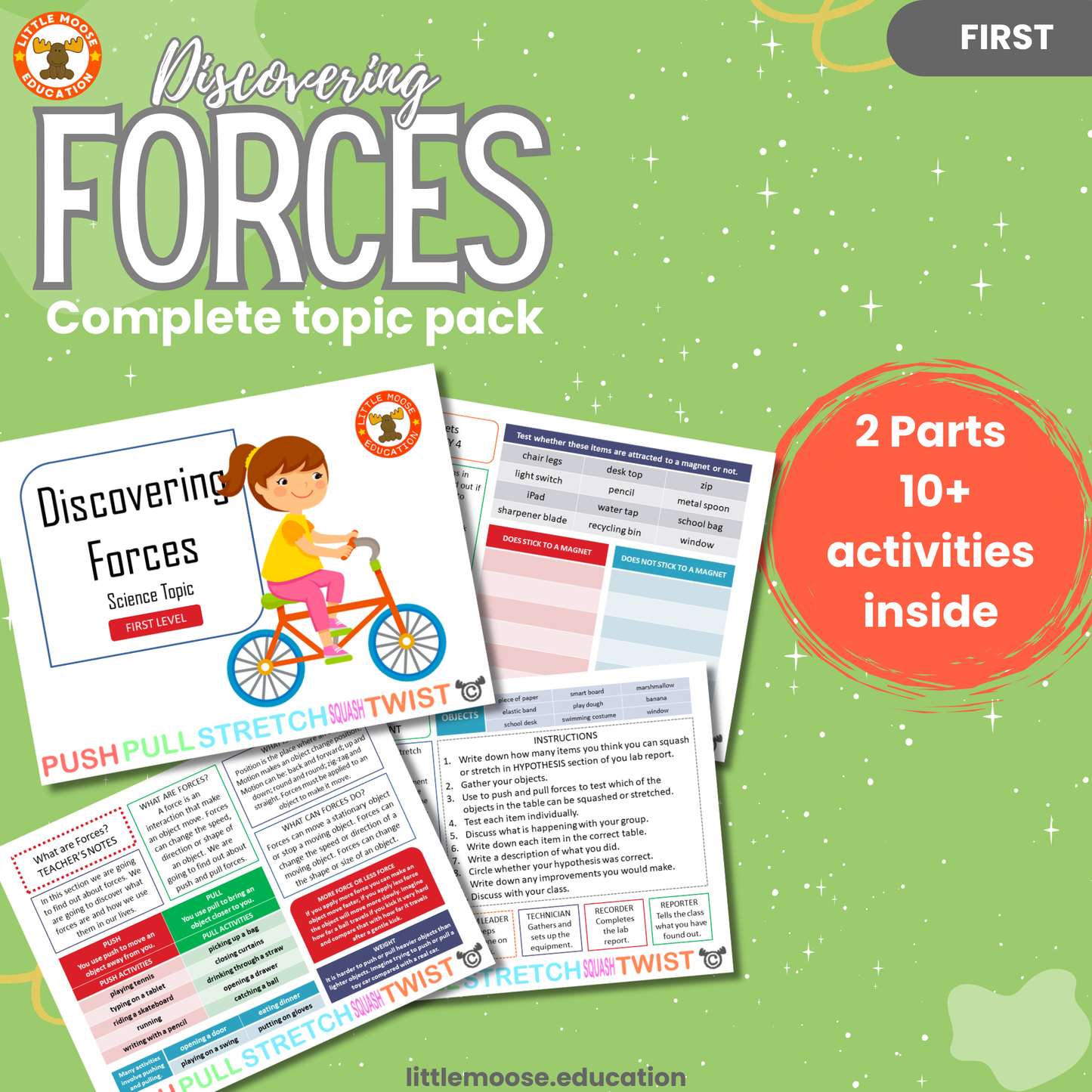 Discovering Forces complete digital topic pack for Science at First Level, Curriculum for Excellence physics and STEM education resource, with illustrated cover design and sample activity pages showing experiments, activities, teacher’s notes, assessments, extension tasks, and outcomes.