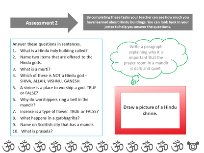 Assessment task from Discovering Hinduism RME pack, First Level