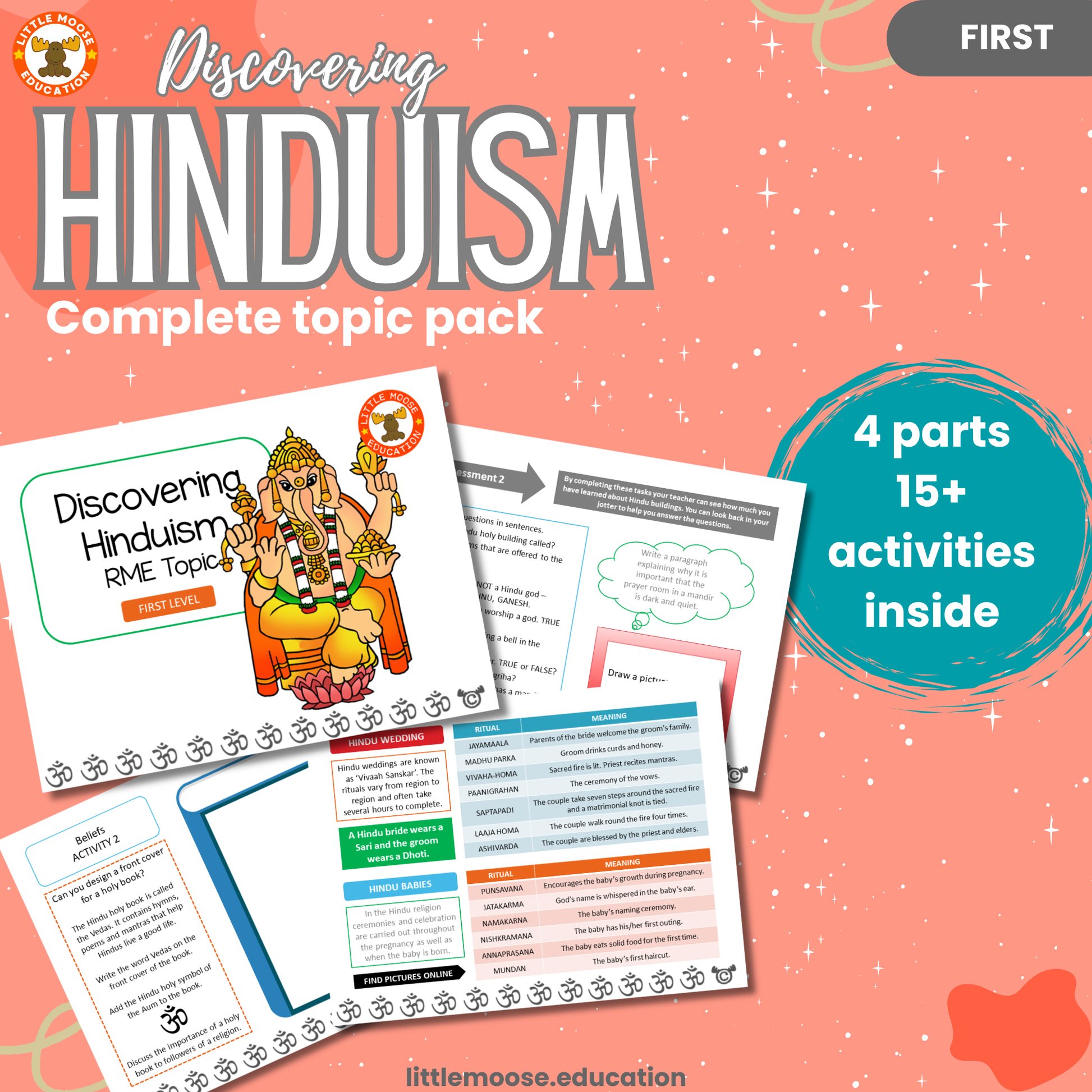 Discovering Hinduism complete digital topic pack for RME at First Level, Curriculum for Excellence religion education resource, with illustrated cover design and sample activity pages showing activities, stories, teacher’s notes, assessments, extension tasks, and outcomes.