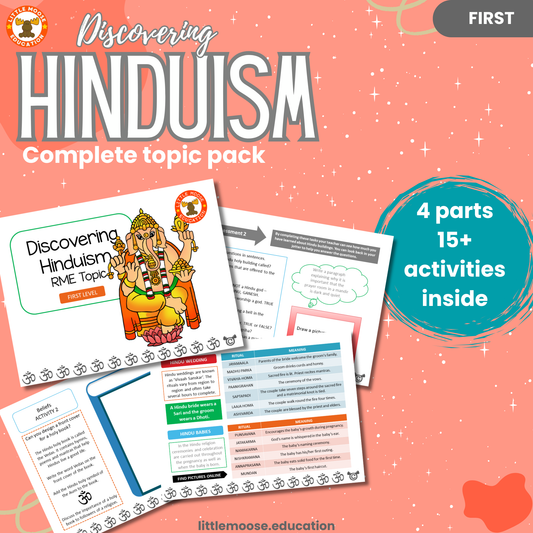 Discovering Hinduism complete digital topic pack for RME at First Level, Curriculum for Excellence religion education resource, with illustrated cover design and sample activity pages showing activities, stories, teacher’s notes, assessments, extension tasks, and outcomes.