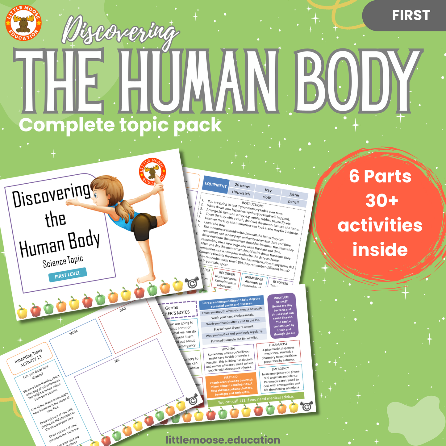 Discovering Plants complete digital topic pack for Science at First Level, Curriculum for Excellence biology and STEM education resource, with illustrated cover design and sample activity pages showing experiments, activities, teacher’s notes, assessments, extension tasks, and outcomes.