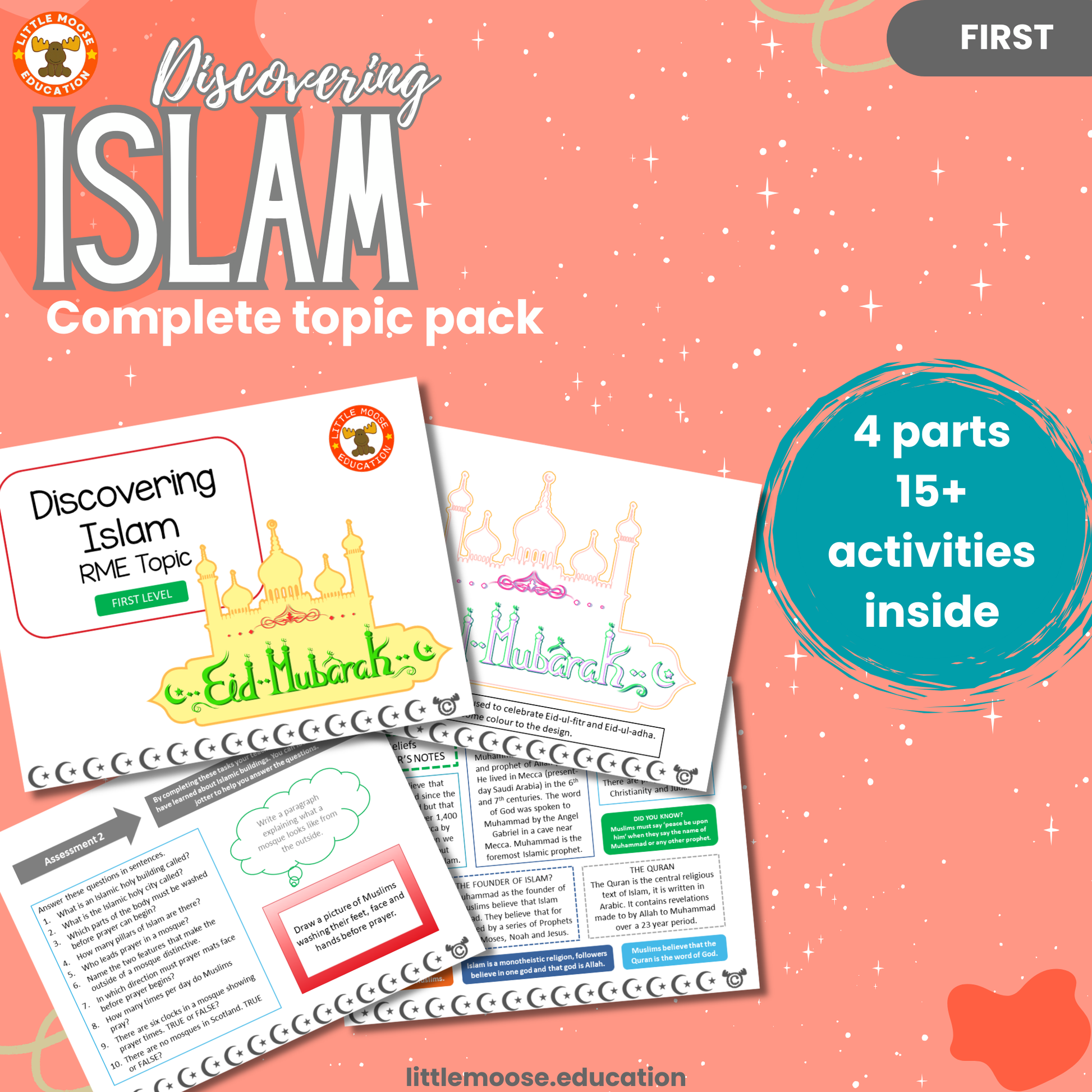 Discovering Islam complete digital topic pack for RME at First Level, Curriculum for Excellence religion education resource, with illustrated cover design and sample activity pages showing activities, stories, teacher’s notes, assessments, extension tasks, and outcomes.