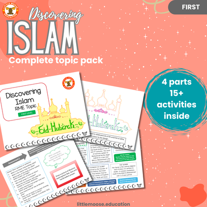 Discovering Islam complete digital topic pack for RME at First Level, Curriculum for Excellence religion education resource, with illustrated cover design and sample activity pages showing activities, stories, teacher’s notes, assessments, extension tasks, and outcomes.