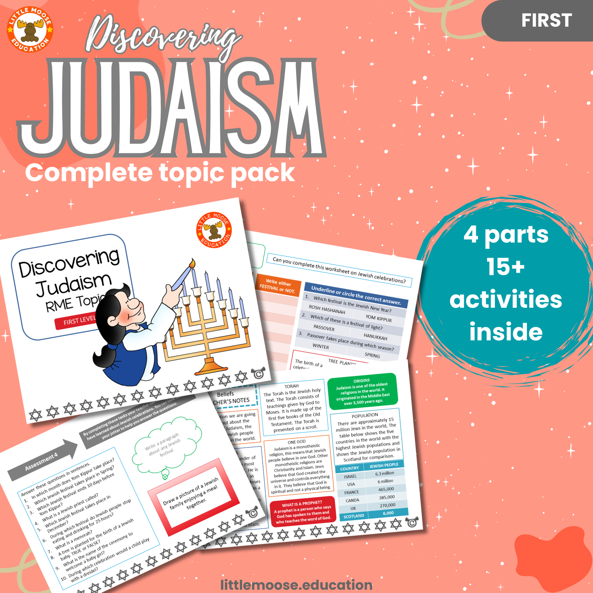 Discovering Judaism complete digital topic pack for RME at First Level, Curriculum for Excellence religion education resource, with illustrated cover design and sample activity pages showing activities, stories, teacher’s notes, assessments, extension tasks, and outcomes.