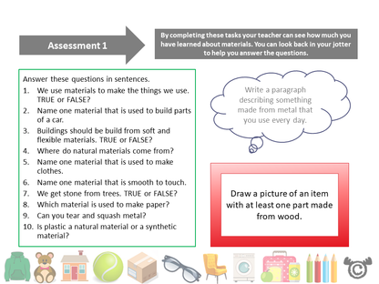 Assessment task from Discovering Materials Science pack, First Level