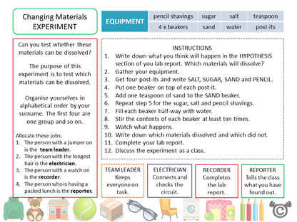 Experiment page from Discovering Materials Science pack, First Level