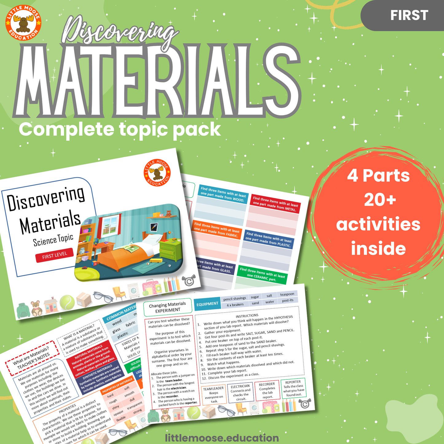 Discovering Materials complete digital topic pack for Science at First Level, Curriculum for Excellence chemistry  and STEM education resource, with illustrated cover design and sample activity pages showing experiments, activities, teacher’s notes, assessments, extension tasks, and outcomes.