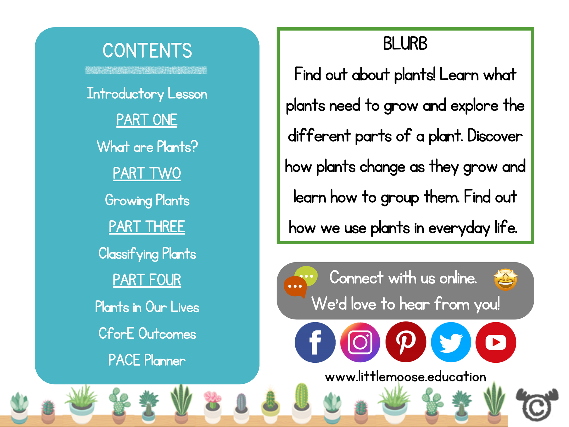 Table of contents and topic blurb from the Discovering Plants pack, showing sections like “What Are Plants?”, “Growing Plants”, and “Plants in Our Lives”, plus a short intro encouraging pupils to explore how plants grow and are used.