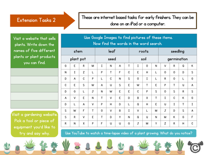 Extension Tasks 2 worksheet with internet-based challenges like visiting gardening websites, finding plant-related images, and completing a word search about plant parts.