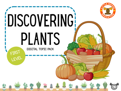 Front cover of the “Discovering Plants” digital topic pack with basket of vegetables illustration, suitable for first level science, created by Little Moose Education.