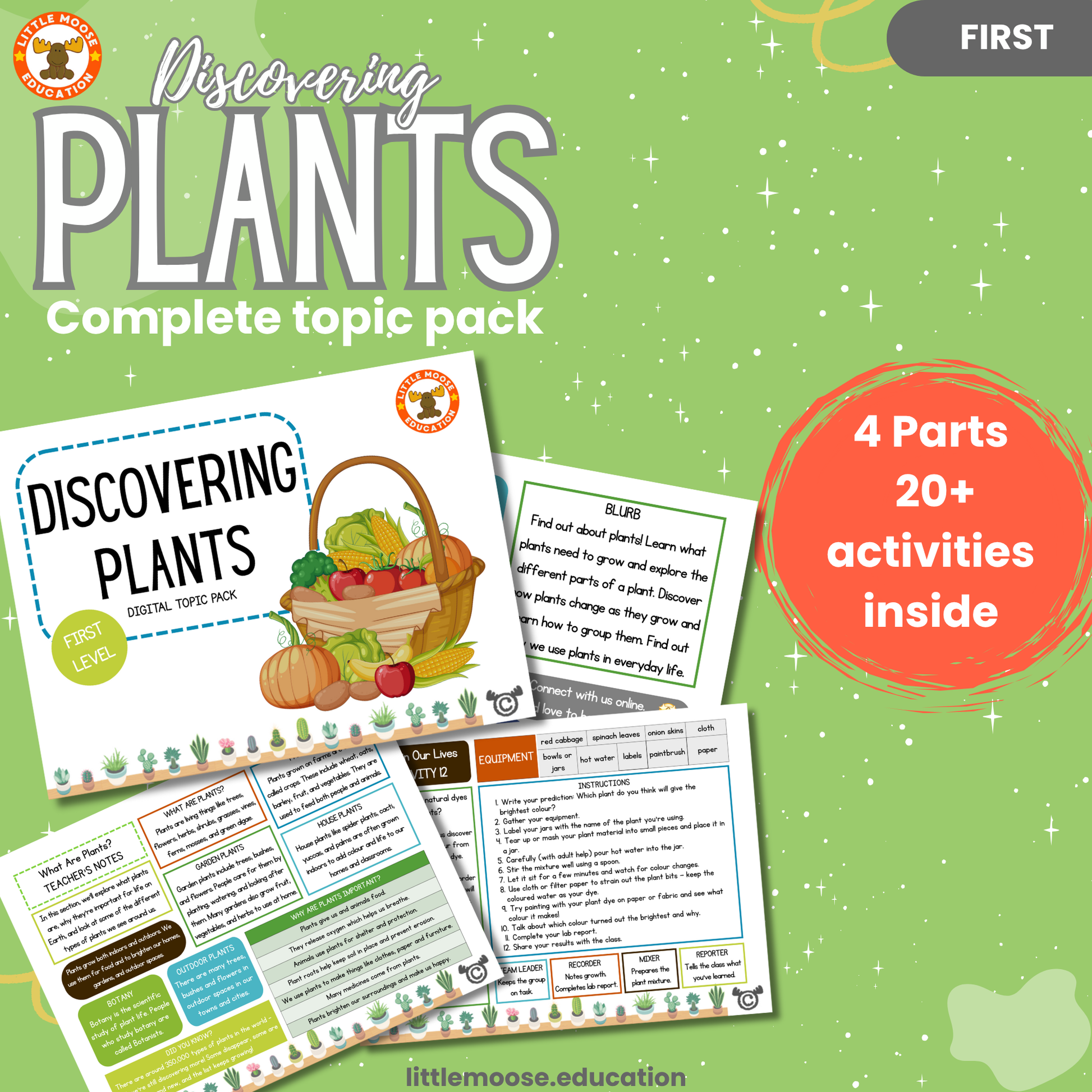 “Discovering Plants” digital topic pack for first level learners – colourful product card showing pack cover, sample pages, and highlights like “4 parts” and “20+ activities inside” from Little Moose Education.
