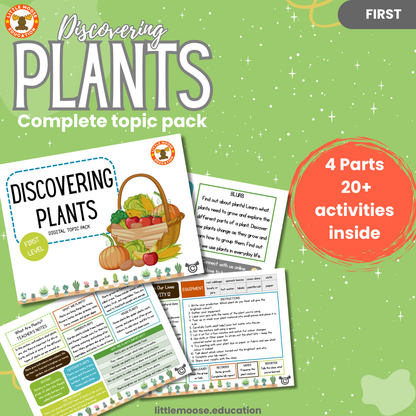 “Discovering Plants” digital topic pack for first level learners – colourful product card showing pack cover, sample pages, and highlights like “4 parts” and “20+ activities inside” from Little Moose Education.

