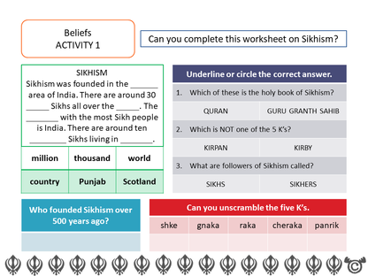 Worksheet activity from Discovering Sikhism RME pack, First Level