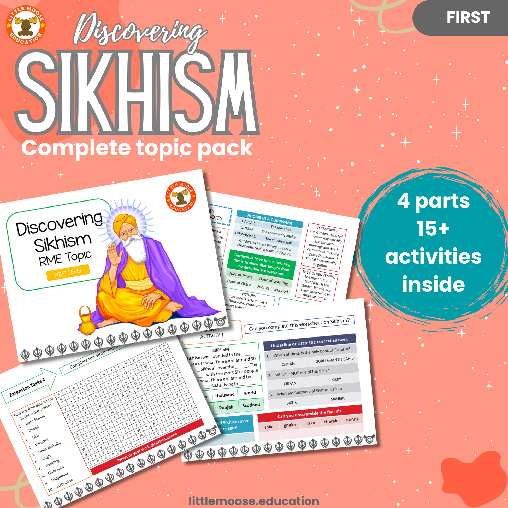 Discovering Sikhism complete digital topic pack for RME at First Level, Curriculum for Excellence religion education resource, with illustrated cover design and sample activity pages showing activities, stories, teacher’s notes, assessments, extension tasks, and outcomes.