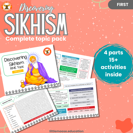Discovering Sikhism complete digital topic pack for RME at First Level, Curriculum for Excellence religion education resource, with illustrated cover design and sample activity pages showing activities, stories, teacher’s notes, assessments, extension tasks, and outcomes.