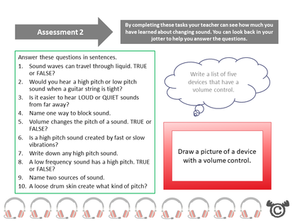Assessment task from Discovering Sound Science pack, First Level