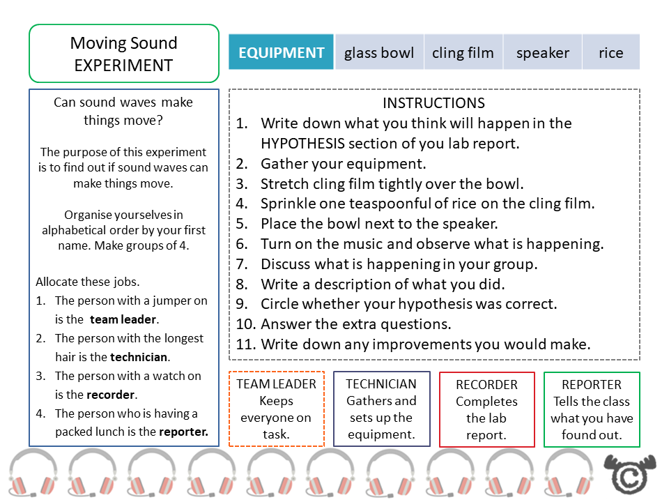 Experiment page from Discovering Sound Science pack, First Level