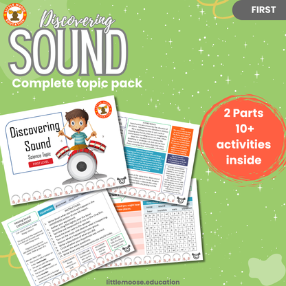 Discovering Sound complete digital topic pack for Science at First Level, Curriculum for Excellence physics and STEM education resource, with illustrated cover design and sample activity pages showing experiments, activities, teacher’s notes, assessments, extension tasks, and outcomes.