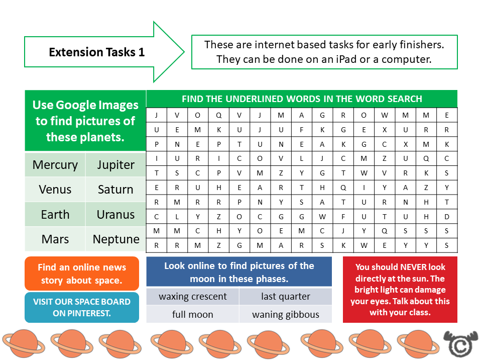 Extension tasks from Discovering Space Science pack, First Level