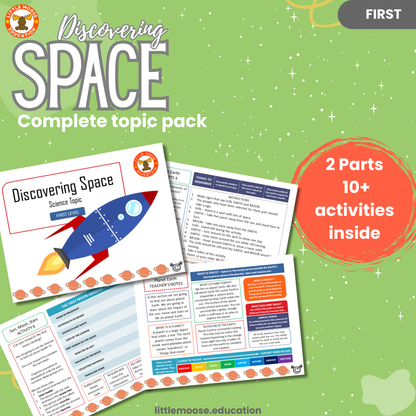 Discovering Space complete digital topic pack for Science at First Level, Curriculum for Excellence physics and STEM education resource, with illustrated cover design and sample activity pages showing experiments, activities, teacher’s notes, assessments, extension tasks, and outcomes.