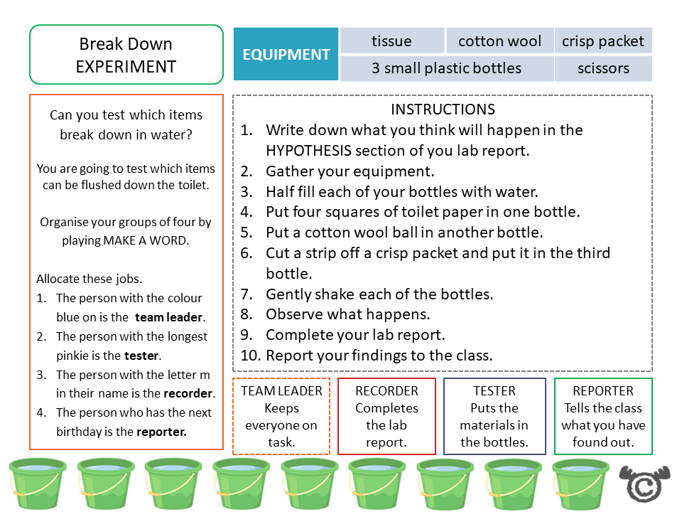 Experiment page from Discovering Water Science pack, First Level